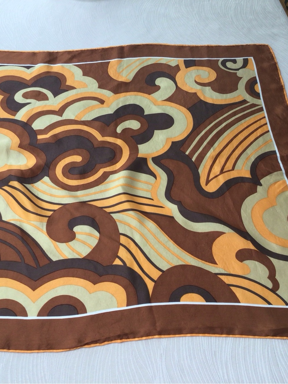Silky Abstract Wave Print Women's Scarf in Brown and Gold